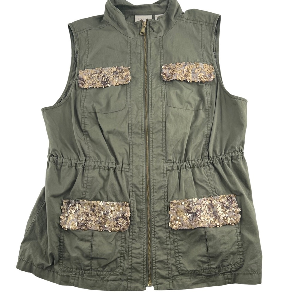Chico's Utility Sequin Vest Sinched Waist Army Green Women's Sz 2 Large
